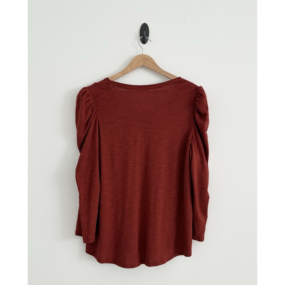 Chico's Women XL Paprika Brown 3/4 Puff Sleeve Cotton Slub Romantic Tee Top NWT - Picture 3 of 11